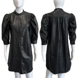 GAP Black Faux Leather Puff Sleeve Shirtdress Size Small Button Front Dress